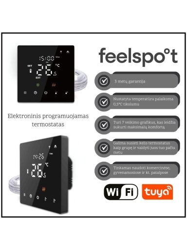 Elektroninis programuojamas termostatas Feelspot WTH22.16 NEW Black, WiFi Tuya