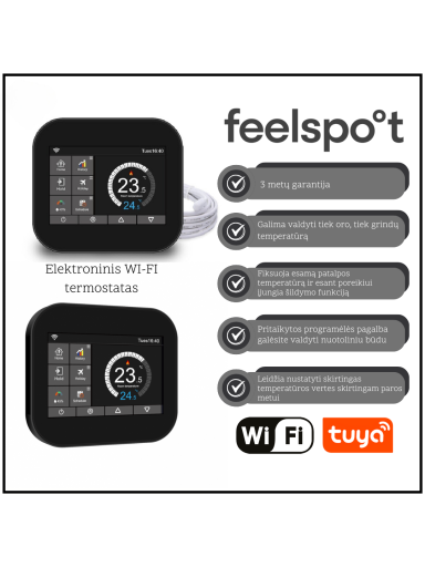 Elektroninis WI-FI termostatas (termoreguliatorius) Feelspot WTH07.36 black, Tuya