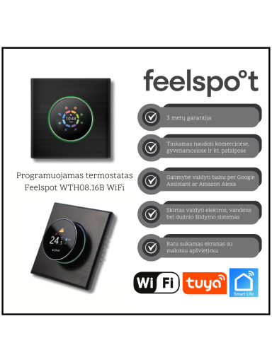 Programuojamas termostatas Feelspot WTH08.16B WiFi, juodas, Tuya, Smart Life