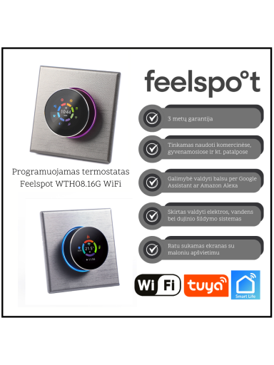 Programuojamas termostatas Feelspot WTH08.16G WiFi, pilkas, Tuya, Smart Life